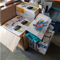 Box of food spiralizers, kettle and inflatable with box of water bottles