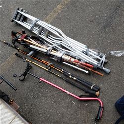 Lot of Lost Property canes, fishing rod, walking stick and crutches
