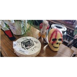 SIGNED WHITECAPS DRUM, CAMEL FIGURE AND SKULL CANDLE