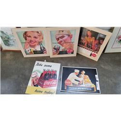 5 COCA COLA ADVERTS, 2 TIN, 3 FRAMED