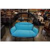 Image 2 : BRAND NEW DOUBLE FOLDING SWING CHAIR W/ BLUE CUSHIONS - RETAIL $1969, RATED FOR 600LBS