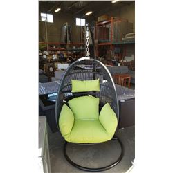 BRAND NEW HANGING EGG CHAIR - RETAIL $949 GREEN CUSHIONS W/ NECK PILLOW, FOLDABLE FRAME, POWDER COAT