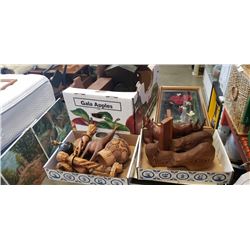2 trays of wooden collectibles and box of clocks, storage box etc