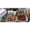 Image 1 : 2 trays of wooden collectibles and box of clocks, storage box etc