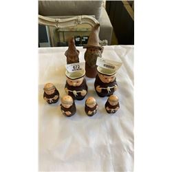 LOT OF FRIAR CREAMS, SALT AND PEPPERS AND WIZARD CANDLE HOLDERS