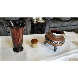 POTTERY VASE, SIGNED FOOTED BOWL AND SMALL ENGLISH CROCK WITH LID