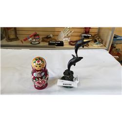 RUSSIAN NESTING DOLLS AND BRASS DOLPHIN SCULPTURE