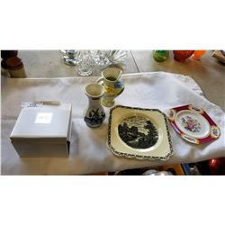 ANTIQUE CHINA PLATES AND VASE AND MIKASA COMPOTE