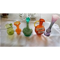 LOT OF 5 ART GLASS VASES AND PITCHERS