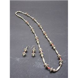 Unmarked Sterling And Coral Necklace And Earrings Set- 15"L