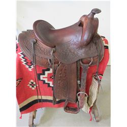 Western Champion By Bona Allen Saddle- 14" Seat- Oak Leaf Carved- Good Sheepskin- Very Good Conditio