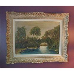 LARGE EUROPEAN OIL PAINTING-DARGLE BRIDGE  #1081641