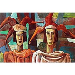 "Two Clowns" - Avant-Garde' style oil  #1091951