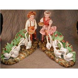 ITALIAN Majolica SWANS Children PAIR Signed #1122789