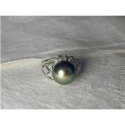 Estate 18K WG Filigree Black Pearl Diamond Ring#1123009