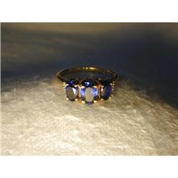 Estate 14K Gold Tri-Stone Sapphire Diamond Ring#1123048