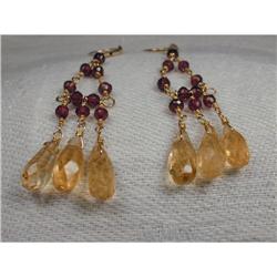 Lovely 14K YG Gold Garnet Citrine Drop Earrings#1123120