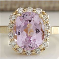 8.06 CTW Natural Kunzite And Diamond Ring 14K Solid Yellow Gold