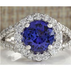 3.86 CTW Natural Tanzanite And Diamond Ring 18K Solid White Gold