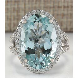 9.54 CTW Natural Blue Aquamarine Diamond Ring 18K Solid White Gold