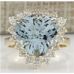 5.84 CTW Natural Aquamarine And Diamond Ring 14K Solid Yellow Gold