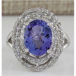 4.83 CTW Natural Blue Tanzanite And Diamond Ring 18K Solid White Gold