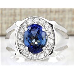 4.51 CTW Natural Blue Tanzanite And Diamond Ring 18K Solid White Gold