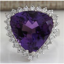 10.85 CTW Natural Amethyst And Diamond Ring In 18K Solid White Gold