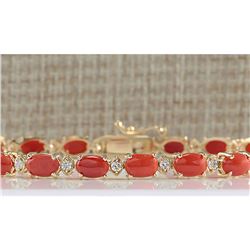8.77 CTW Natural Red Coral And Diamond Bracelet In 18K Yellow Gold