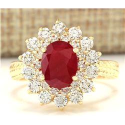 3.16 CTW Natural Ruby And Diamond Ring In 18K Yellow Gold