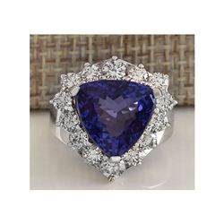 11.21CTW Natural Blue Tanzanite And Diamond Ring 18K Solid White Gold