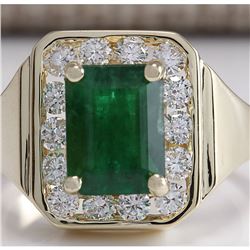 MENS 3.16 CTW Natural Emerald And Diamond Ring 14K Solid Yellow Gold