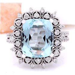 8.13 CTW Natural Aquamarine 18K Solid White Gold Diamond Ring