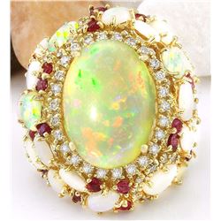 17.17 CTW Natural Opal, Ruby 14K Solid Yellow Gold Diamond Ring
