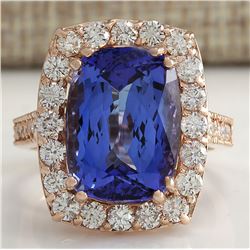 11.23 CTW Natural Blue Tanzanite And Diamond Ring In 18K Rose Gold