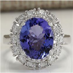 4.88 CTW Natural Blue Tanzanite And Diamond Ring 14K Solid White Gold