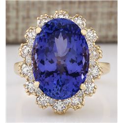 12.38 CTW Natural Tanzanite And Diamond Ring In 18K Yellow Gold