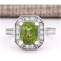3.67 CTW Natural Peridot And Diamond Ring In 18K White Gold