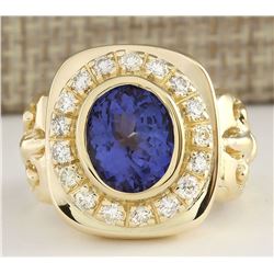 5.52 CTW Natural Mens Blue Tanzanite And Diamond Ring 18K Yellow Gold