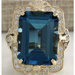 19.53 CTW Natural London Blue Topaz And Diamond Ring 14K Solid Yello Gold