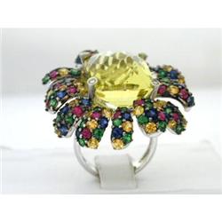3377 18KW Gold Lemon Quartz Ring w/Dia/Created Sapp