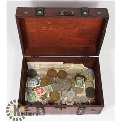 ESTATE BOX OF COINS/BILLS/STAMPS FROM TRAVELS