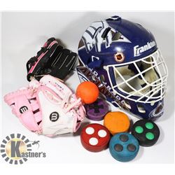 STREET HOCKEY MASK AND PUCKS, 2 BASEBALL GLOVES