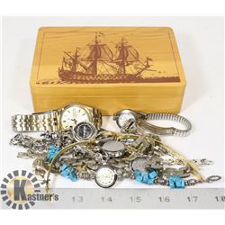 WOOD SHIP THEMED JEWELRY BOX WITH CONTENTS