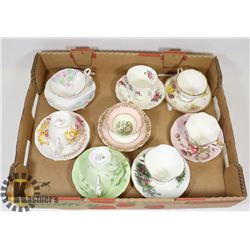 FLAT OF FINE CHINA TEA CUPS AND SAUCERS INCLUDING