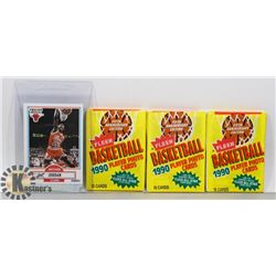 1990 FLEER JORDAN CARD WITH 3 PACKAGES OF UNOPENED