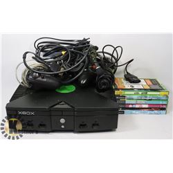 X-BOX WITH 2 CONTROLLERS, HEADSETS, MIC & 7 GAMES