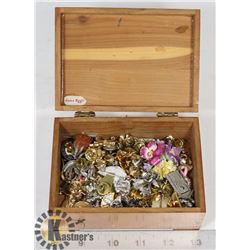 ESTATE TRINKET BOX FULL OF ASSORTED PINS AND MORE