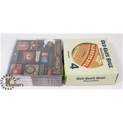 2 NEW SETS OF COASTERS, ONE SET OF 4 OLD GUYS