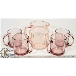 PINK DEPRESSION GLASS JUG & COFFEE MUGS